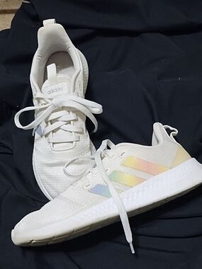 adidas White Pure Motion Cloudfoam Sneakers with Pastel Rainbow Stripes